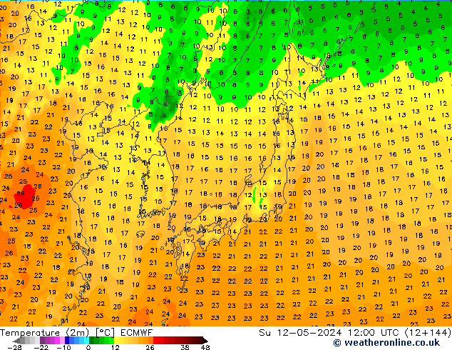 Temperatuurkaart (2m) ECMWF zo 12.05.2024 12 UTC