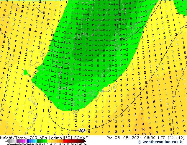 Height/Temp. 700 hPa ECMWF We 08.05.2024 06 UTC