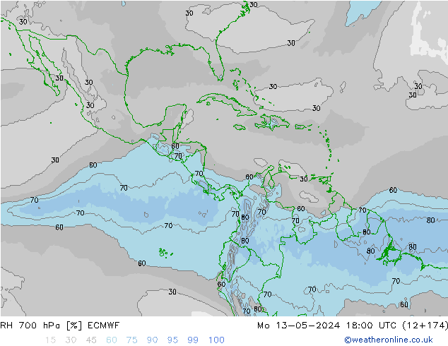 RH 700 hPa ECMWF Mo 13.05.2024 18 UTC