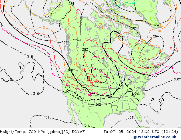 Height/Temp. 700 hPa ECMWF Di 07.05.2024 12 UTC