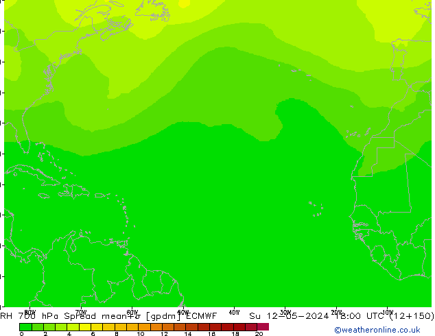 RH 700 hPa Spread ECMWF nie. 12.05.2024 18 UTC