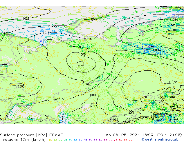 Isotachen (km/h) ECMWF Mo 06.05.2024 18 UTC