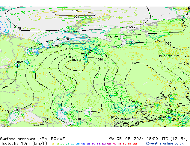 Isotachs (kph) ECMWF ср 08.05.2024 18 UTC