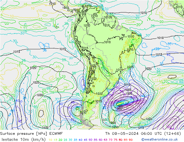 Isotachs (kph) ECMWF Th 09.05.2024 06 UTC