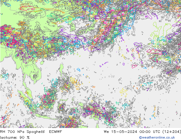 RH 700 hPa Spaghetti ECMWF Qua 15.05.2024 00 UTC