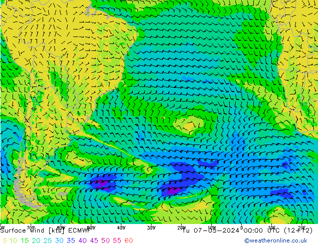 Surface wind ECMWF Út 07.05.2024 00 UTC