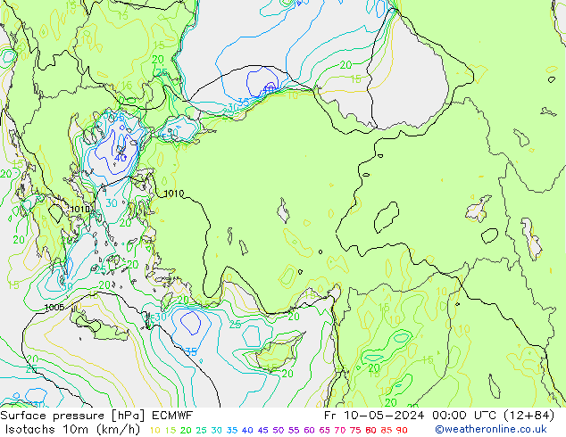 Isotachs (kph) ECMWF Fr 10.05.2024 00 UTC