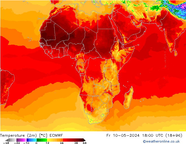 Temperatuurkaart (2m) ECMWF vr 10.05.2024 18 UTC