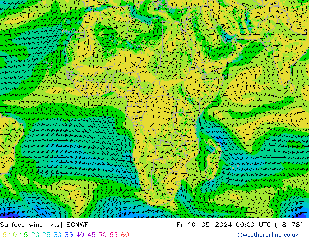 Surface wind ECMWF Pá 10.05.2024 00 UTC