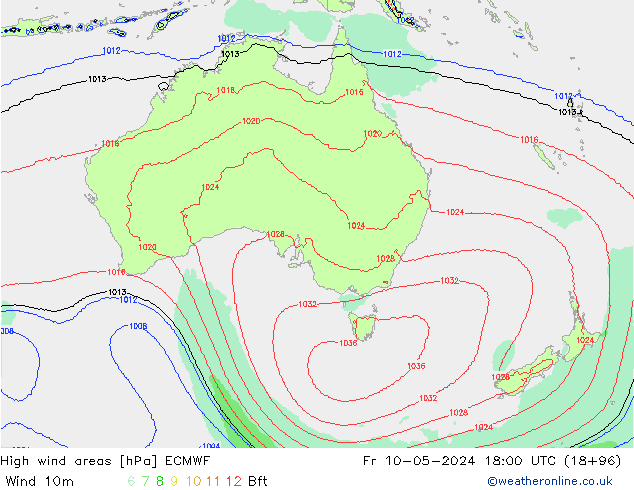 High wind areas ECMWF Sex 10.05.2024 18 UTC