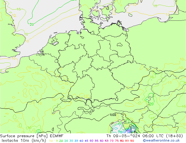 Isotachs (kph) ECMWF  09.05.2024 06 UTC