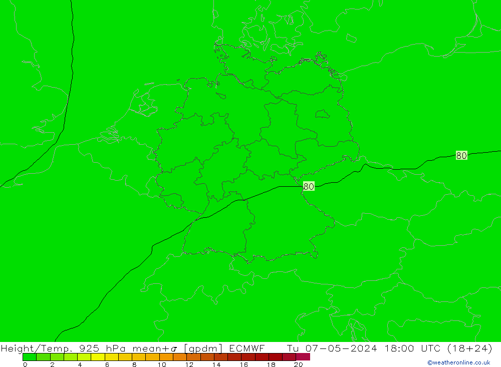Height/Temp. 925 hPa ECMWF Út 07.05.2024 18 UTC
