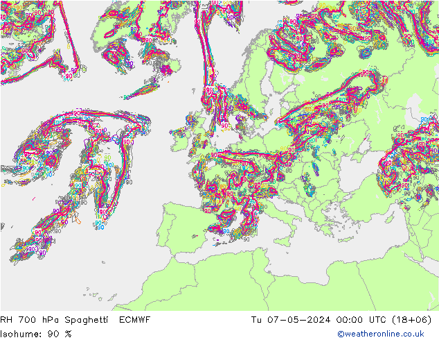 RH 700 hPa Spaghetti ECMWF Di 07.05.2024 00 UTC