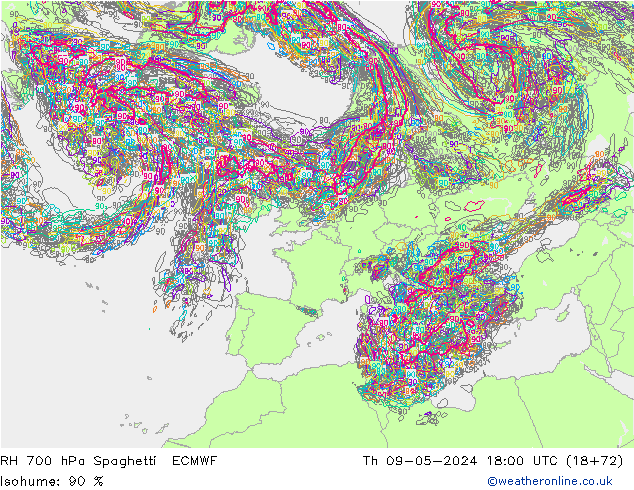 RH 700 hPa Spaghetti ECMWF Th 09.05.2024 18 UTC