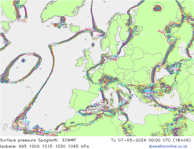 Bodendruck Spaghetti ECMWF Di 07.05.2024 00 UTC