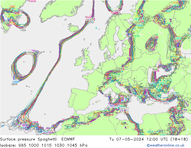 Luchtdruk op zeeniveau Spaghetti ECMWF di 07.05.2024 12 UTC