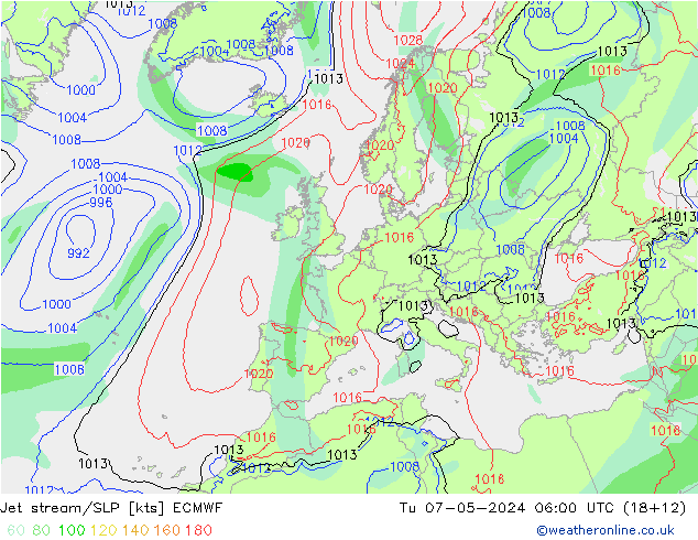 Polarjet/Bodendruck ECMWF Di 07.05.2024 06 UTC