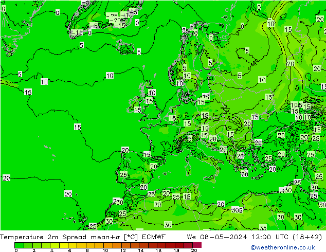 Temperaturkarte Spread ECMWF Mi 08.05.2024 12 UTC