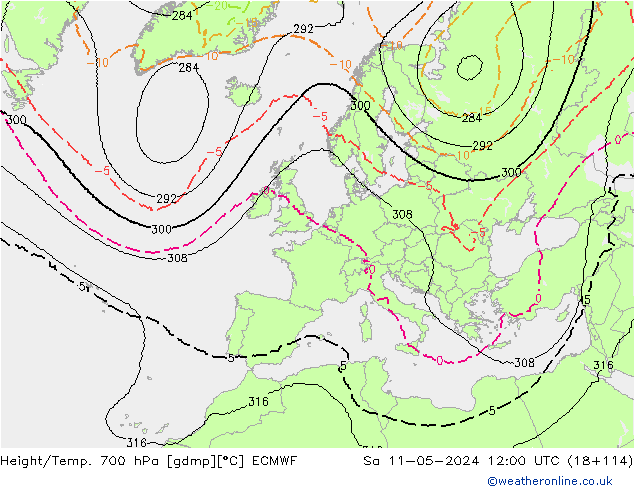 Height/Temp. 700 hPa ECMWF Sa 11.05.2024 12 UTC