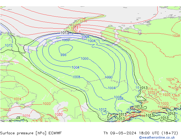 Atmosférický tlak ECMWF Čt 09.05.2024 18 UTC