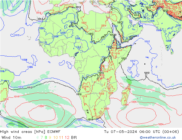 High wind areas ECMWF Út 07.05.2024 06 UTC