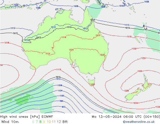 High wind areas ECMWF lun 13.05.2024 06 UTC