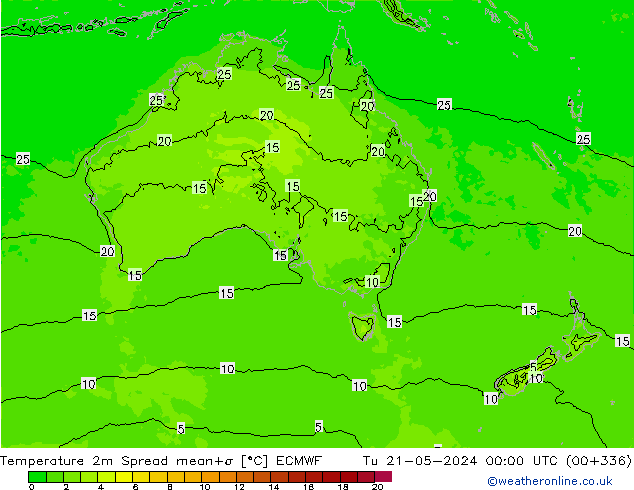 Temperature 2m Spread ECMWF Tu 21.05.2024 00 UTC
