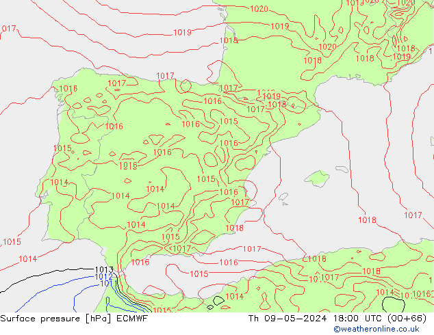 ciśnienie ECMWF czw. 09.05.2024 18 UTC