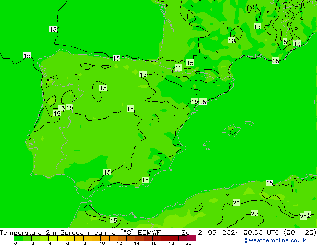 Temperatura 2m Spread ECMWF dom 12.05.2024 00 UTC