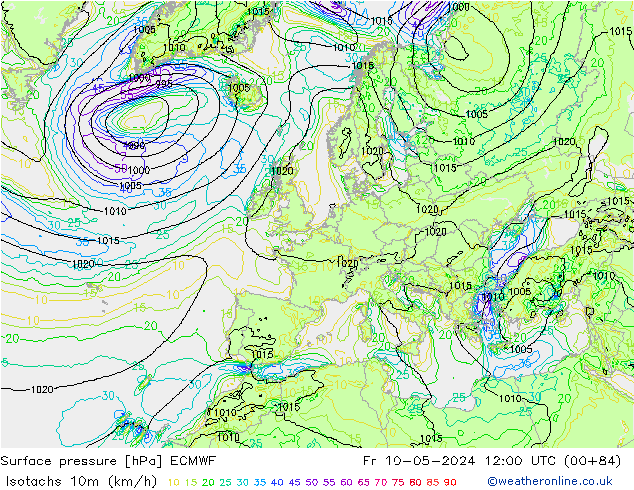 Isotachs (kph) ECMWF Fr 10.05.2024 12 UTC