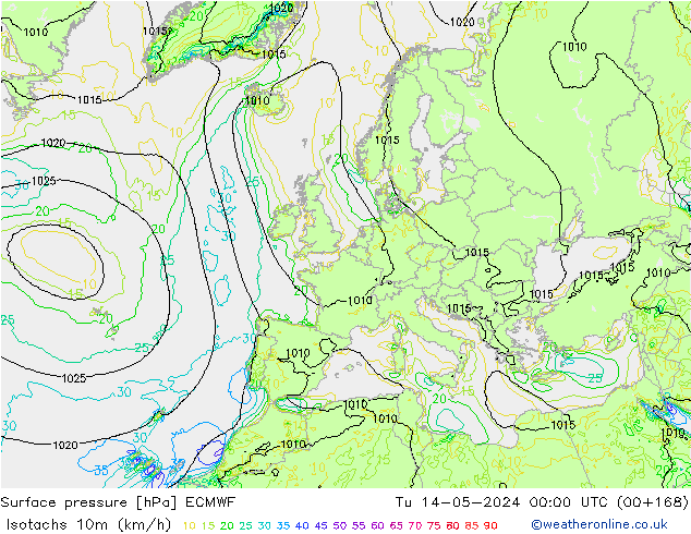 Isotachs (kph) ECMWF mar 14.05.2024 00 UTC