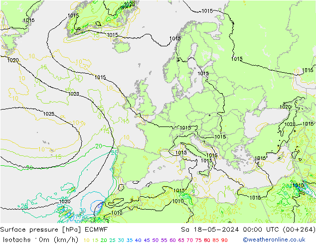 Isotachen (km/h) ECMWF Sa 18.05.2024 00 UTC