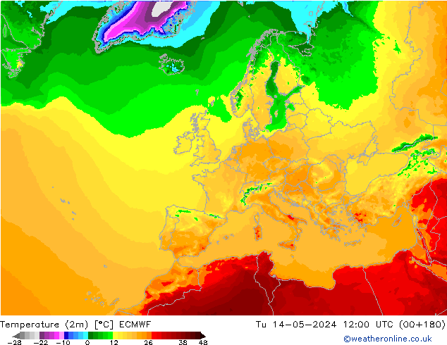 Temperature (2m) ECMWF Tu 14.05.2024 12 UTC