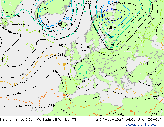 Height/Temp. 500 hPa ECMWF wto. 07.05.2024 06 UTC