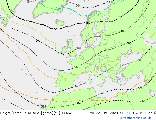 Height/Temp. 500 гПа ECMWF ср 22.05.2024 00 UTC