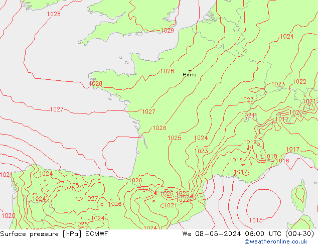 Luchtdruk (Grond) ECMWF wo 08.05.2024 06 UTC