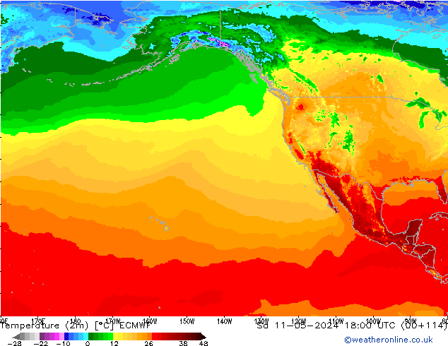 mapa temperatury (2m) ECMWF so. 11.05.2024 18 UTC