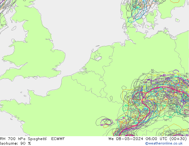 RH 700 hPa Spaghetti ECMWF Mi 08.05.2024 06 UTC