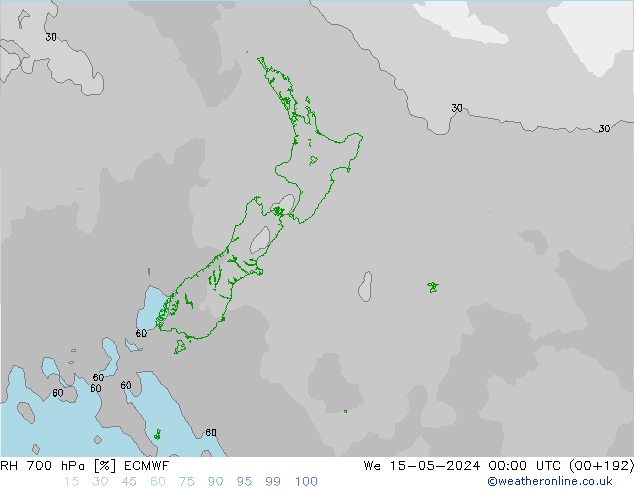 Humidité rel. 700 hPa ECMWF mer 15.05.2024 00 UTC