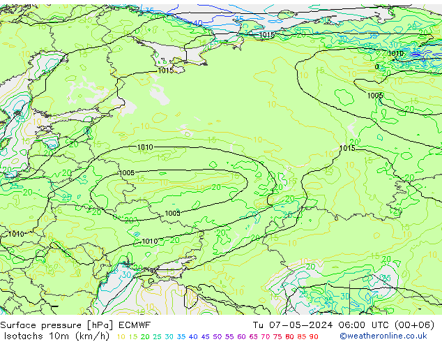 Isotachs (kph) ECMWF mar 07.05.2024 06 UTC