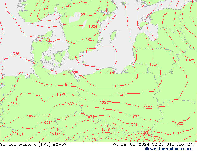 Surface pressure ECMWF We 08.05.2024 00 UTC