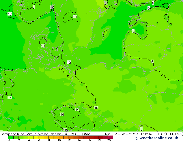 Temperatura 2m Spread ECMWF lun 13.05.2024 00 UTC