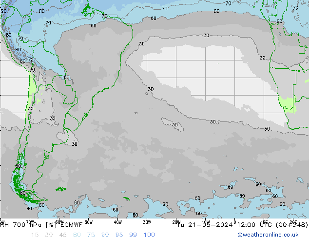 RH 700 гПа ECMWF вт 21.05.2024 12 UTC