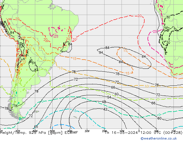 Height/Temp. 925 hPa ECMWF czw. 16.05.2024 12 UTC