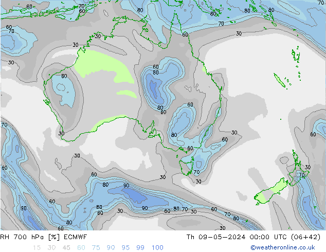 RH 700 hPa ECMWF Čt 09.05.2024 00 UTC