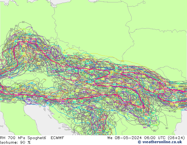 RH 700 hPa Spaghetti ECMWF St 08.05.2024 06 UTC
