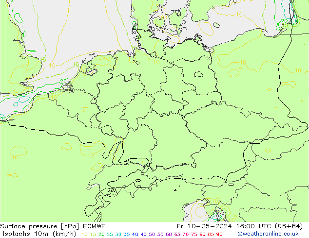 Isotachen (km/h) ECMWF vr 10.05.2024 18 UTC
