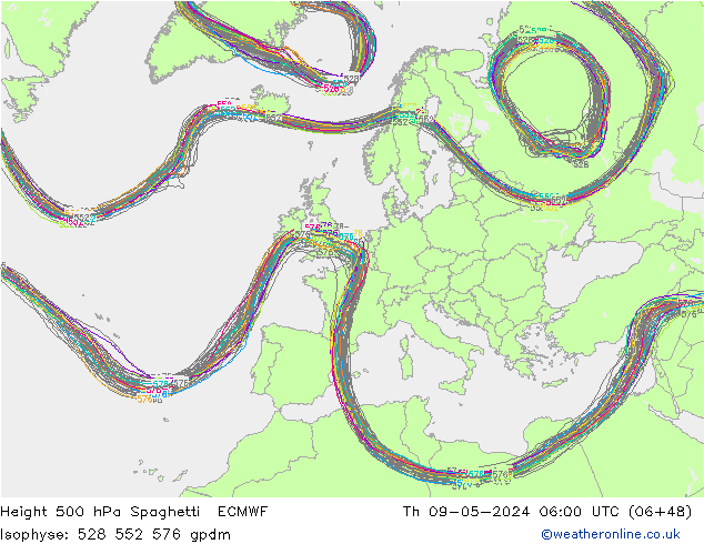 Height 500 hPa Spaghetti ECMWF Do 09.05.2024 06 UTC