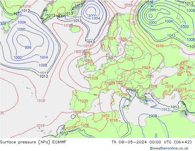 Atmosférický tlak ECMWF Čt 09.05.2024 00 UTC