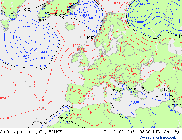 Atmosférický tlak ECMWF Čt 09.05.2024 06 UTC